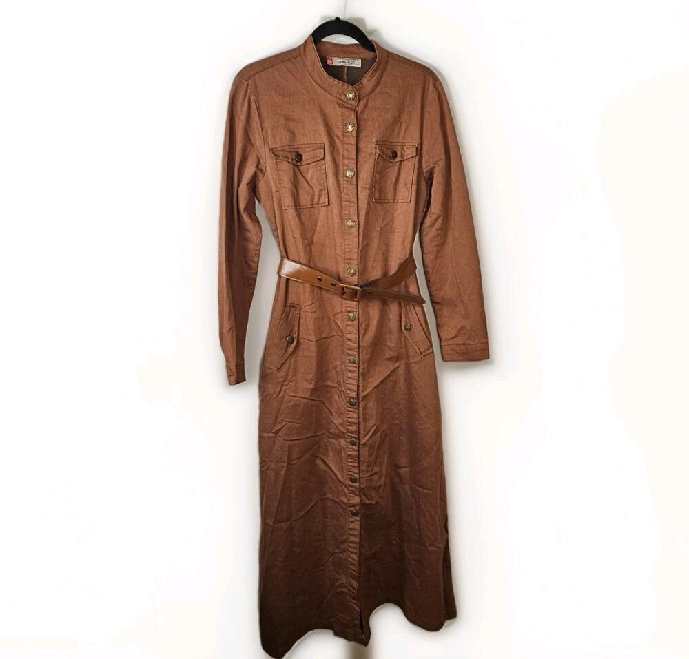 Mazzi Brown Utility Button Up Midi Shirt Dress Belted Pockets Denim Cotton